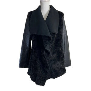 Aqua Faux Fur Faux Suede Black Jacket Size Medium Womens Draped V Neck Winter